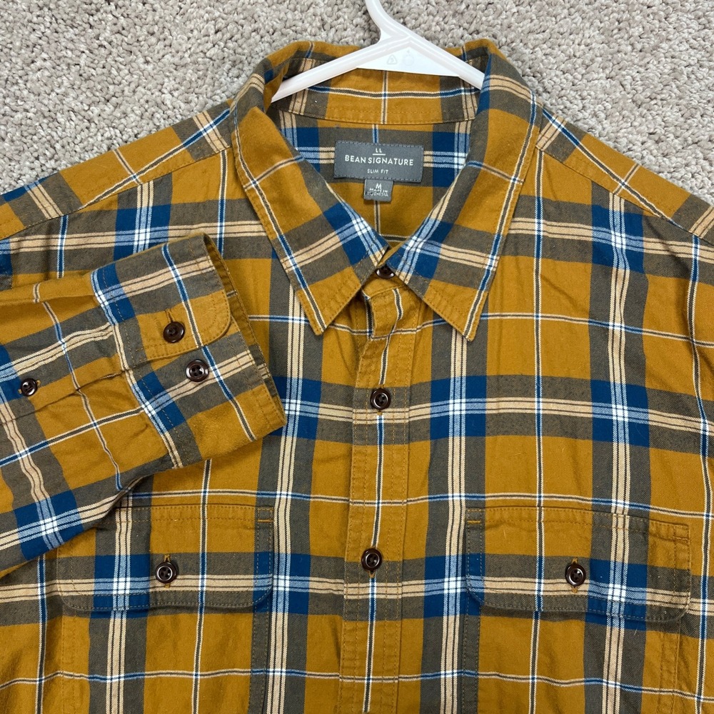 LL Bean Signature Men's Slim Fit‎ Plaid Button Up Shirt Yellow Blue Size Medium